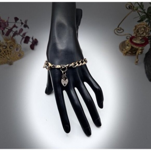 Fossil Link Bracelet Rose Gold Tone, Rhinestone Heart Lock Charm Whit Key- Cute - Picture 3 of 13